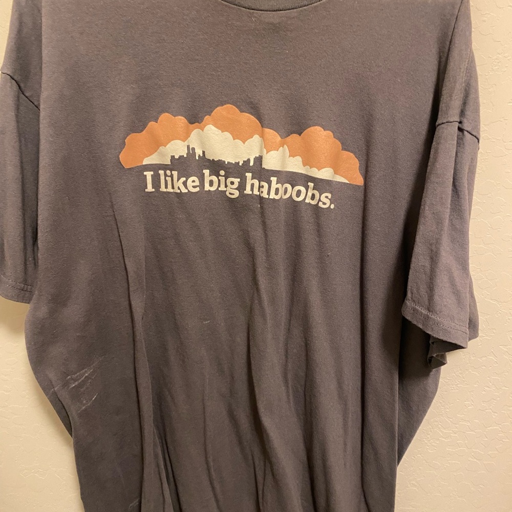 I Love Big Haboobs Tee. Gray Graphic T-Shirt with Orange and White Design